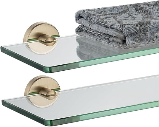 JQK Bathroom Glass Shelf, Tempered Glass Shower Storage 20 by 5 inches, 304 Stainless Steel Champagne Bronze Wall Mount, 2 Pack, TGS101L20-CB-P2