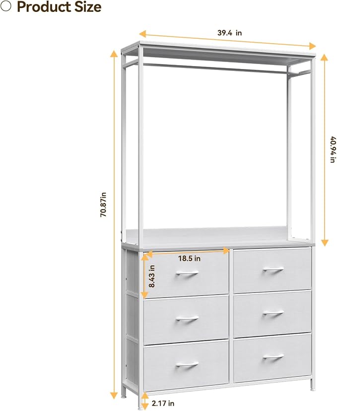 6 Dresser Drawer with Hanging Rack, 2-in-1Tall Dresser for Bedroom/Closet, Fabric Dressers & Chests of Drawers, Sturdy Alloy Steel Frame, Space Saving Closet Organizer