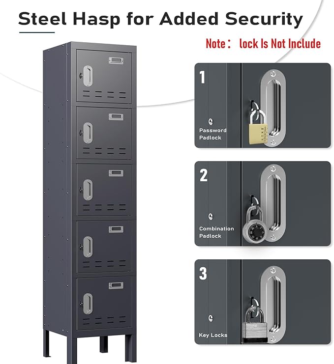 Metal Lockers - 66" Height Steel Lockers for Employees with 5 Door Storage Locker with Card Slot for Employees Gym School Home Office Garage - Assembly Required