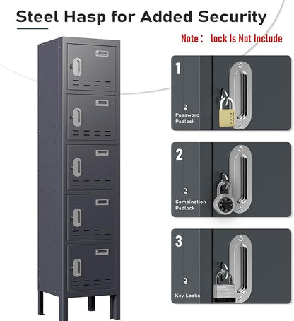 Metal Lockers - 66" Height Steel Lockers for Employees with 5 Door Storage Locker with Card Slot for Employees Gym School Home Office Garage - Assembly Required