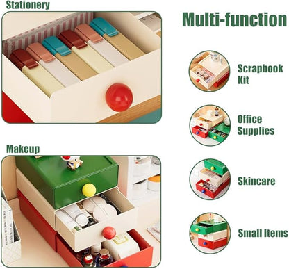 4Pcs Desk Organizer, FHDUSRYO Stackable Desktop Storage Box with Drawer, Large Desk Drawer Organizer with Cute Handle, Plastic Makeup Storage Drawer, Desk Organizer and Accessories for Home Office