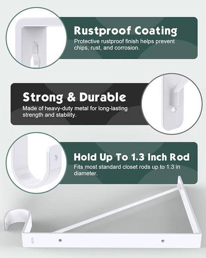 2 Pack Closet Rod Bracket, Heavy Duty Closet Rod Support with Rod Holder, Wall Mounted Closet Shelf Brackets with Triangle Stabilizing Design for Closet, Bathroom and Kitchen, White