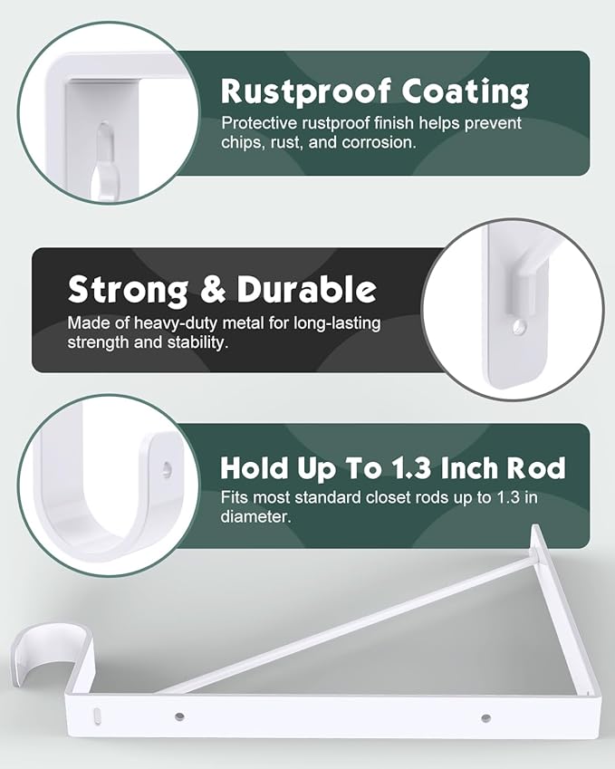 4 Pack Closet Rod Bracket, Heavy Duty Closet Rod Support with Rod Holder, Wall Mounted Closet Shelf Brackets with Triangle Stabilizing Design for Closet, Bathroom and Kitchen, White
