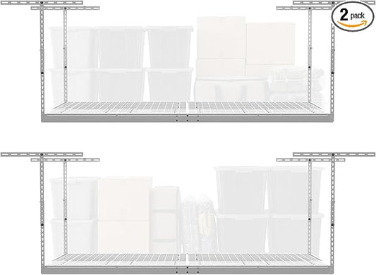 2-Pack 4 x 8 MonsterRax Overhead Garage Storage Rack, Ceiling Racks for Garage, Organization Shelving, Adjustable Hanging Shelf, White, 12"-21" Height Adjustment