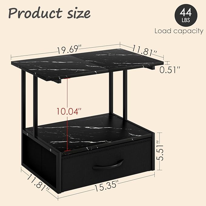 Masupu Printer Stand for Desk, Printer Table with Fabric Storage Drawer, 2 Tier Desktop Shelf, Multi-Purpose Desk Organizer for Home Office, 3D Printer, Fax Machine, Scanner, Marble Black