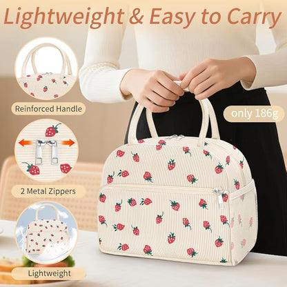 Coobiiya Corduroy Lunch Bag Lunch Box for Women Men, Cute Strawberry Lunch Tote Bags Insulated Reusable LunchBox Large Capacity Cooler Bag for Work Travel Picnic