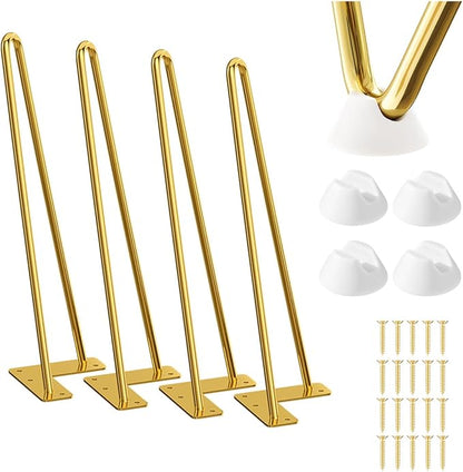 SMARTSTANDARD 12 Inch Hairpin Furniture Legs, 3/8'' Rods Metal Home DIY Projects for Nightstand, Coffee Table, Dresser with Rubber Floor Protectors, Gold Set of 4PCS