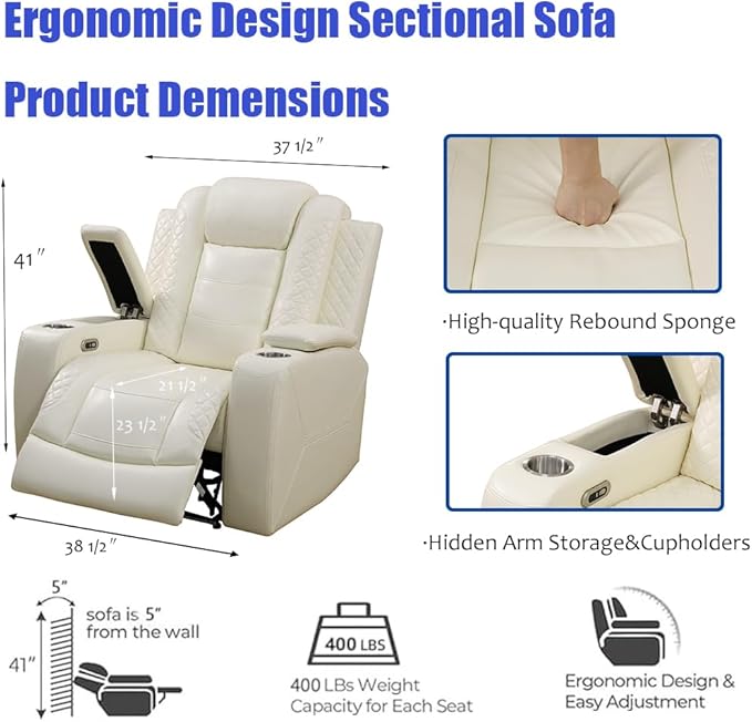 Power Recliner Sectional Sofa with LED, Reclining Sectional Sofa Living Room Furniture Set, Creamy White Couch and 2 Chairs, Reclining Couch Read Lights/Storage/Cup Holder for Office/House