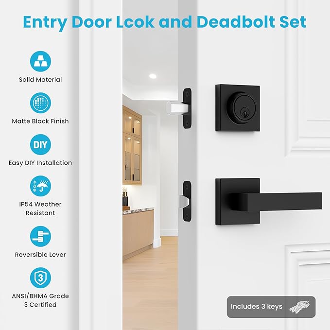 Estmoon Exterior Door Handle and Deadbolt Set, Passage Door Lever and Single Cylinder Deadbolt Lock Modern Square Entry Door Lock Set Flat Black Handleset for Entrance, Front, Office Doors, 1 Pack
