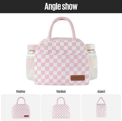 Lunch Bag Women/Men Lunch Box Women/Men (Pink+White Checkerboard)