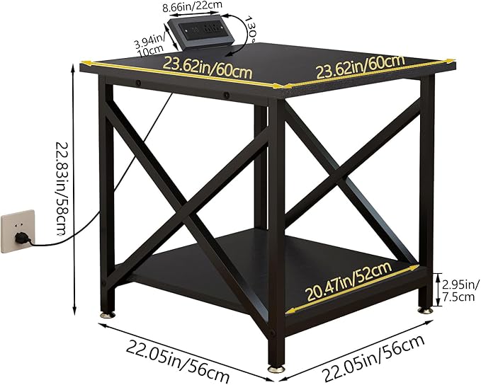 Large Printer Stand with Power Outlet, with Storage Shelf, 2 Tier Rolling Printer Cart with Industrial Wheels, 23.6 x 23.6 Inches Printer Table for Home Office,Black