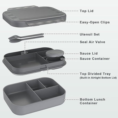 Caperci Stackable Bento Lunch Box for Adult & Teens - Reinforced Leak-Proof Lunch Container 4-Compartment with Utensils & Sauce Container, BPA-Free, Dishwasher/Microwave Safe, 47oz (Dark Gray)