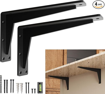 2 Pack Heavy Duty Shelf Brackets 12 Inch Mantel Decorative L Bracket for Shelves, Metal Shelf Support Bracket, Wall Mounted Granite Countertop Iron Corbels, Floating Black Shelving Brackets