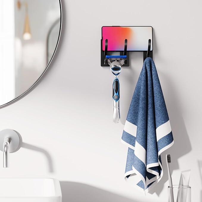 Self Adhesive Towel Hooks: Extra Strong 13LB, Stainless Hook for Hanging Loofah, Towels, Coat, Bath Robe Bathroom Shower, Black, 4 Pack