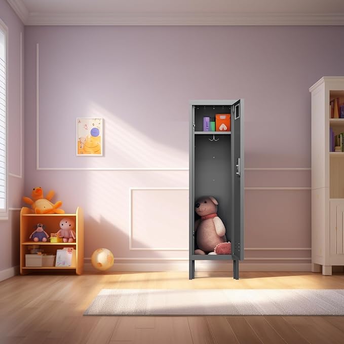 Metal Storage Locker with Lock & Card Slot Locker - Secure Lockable Door - Steel Locker for School, Office, Gym, Home - 54" H x 15" W x 15" D（1 Door, Grey）
