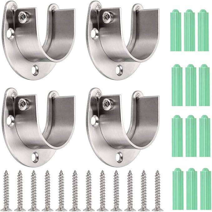 OwnMy 4 Packs Closet Rod End Supports Brackets 1-1/2" Diameter, U Shaped Stainless Steel Closet Pole Sockets Flange Rod Holder for Closet Wardrobe Shower Curtain (Silver Tone)