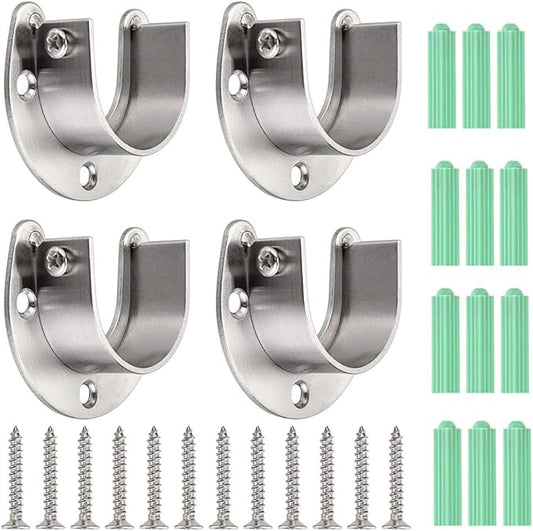 OwnMy 4 Packs Closet Rod End Supports Brackets 1-1/2" Diameter, U Shaped Stainless Steel Closet Pole Sockets Flange Rod Holder for Closet Wardrobe Shower Curtain (Silver Tone)