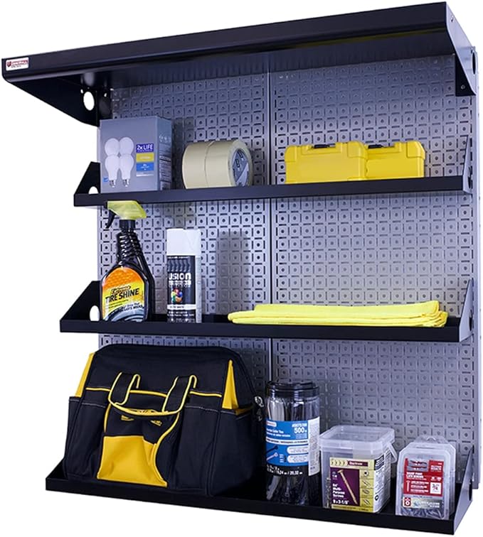 OmniWall Metal Pegboard Shelving Organization System Shelving Kit 32" x 32" Modular Pegboard- Panel Color: Silver Accessory Color: Black