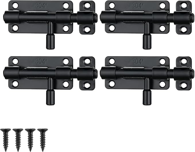 JQK Door Security Slide Latch Lock Barrel Bolt, 304 Stainless Steel Sliding Gate Latches Thickened 1.4mm with Padlock Hole, Black, 4 Pack HBB120-BK-P4