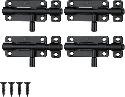 JQK Door Security Slide Latch Lock Barrel Bolt, 304 Stainless Steel Sliding Gate Latches Thickened 1.4mm with Padlock Hole, Black, 4 Pack HBB120-BK-P4