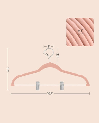 SONGMICS 30-Pack Pants Hangers, 16.7-Inch Long Velvet Hangers with Adjustable Clips, Heavy-Duty, Non-Slip Skirt Hangers, Space-Saving for Pants, Skirts, Coats, Dresses, Light Pink UCRF12PK30
