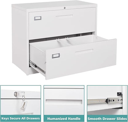 MIIIKO 2 Drawer Lateral File Cabinet with Lock, White Filing Cabinet for Home Office, Two Drawer Metal File Cabinet for Hanging Files Folders Letter/Legal/F4/A4 Size
