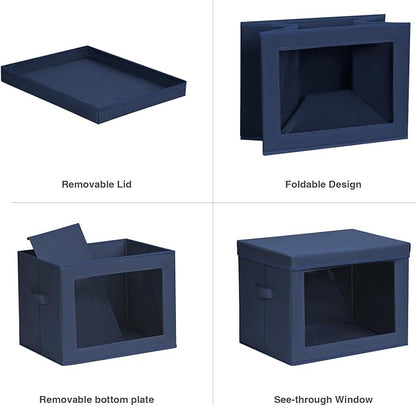 Stackable Storage Bins with Lids - Large Storage Box with Lids, Foldable Closet Boxes for Organizing, Wardrobe Clothes Organizer with Window, Cubes Bins for Living Room, 4 Pack, Navy Blue