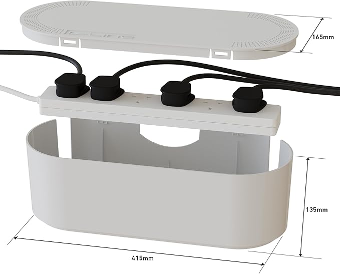 D-Line Cable Tidy Box | Hide and Conceal Extension Blocks and Electrical Cables from TVs, Computers, Gaming Consoles & PCs | Cable Management Made from a Robust Electrically-Safe ABS Material | Large, White