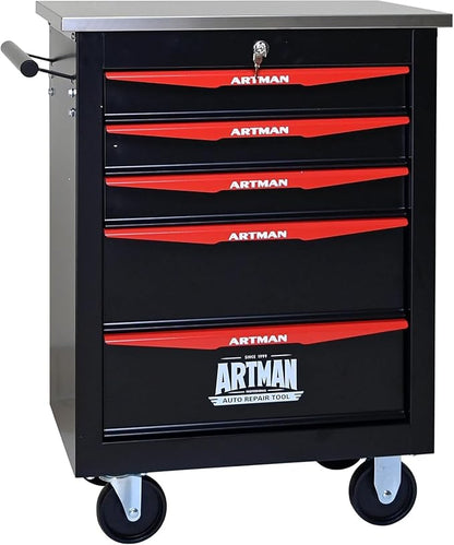 5-Drawer Rolling Tool Chest with Stainless Steel Countertop,Tool Chest with Secure Locking System,Mobile Storage Tool Cabinet with 360°Wheels and Padded Feet,for Home,Garage (Black+Red)