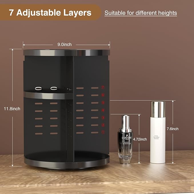 360 Large Rotating Makeup Organizer Countertop, Clear Acrylic Makeup Organizers, Organizador De Perfumes, 7 Layers Large Make Up Organizer, Huge Storage Fits for Vanity and Bathroom (Black, Small)