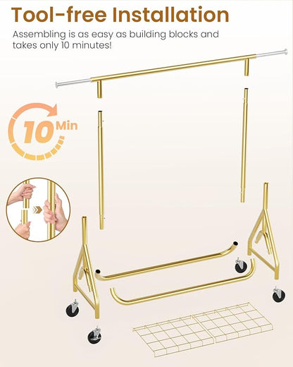 Heavy Duty Clothes Rack, Metal Clothing Rack Load 450 LBS, Rolling Coat Racks for Hanging Clothes with Lockable Wheels, Wardrobe Closet Garment Racks for Bedroom, Gold