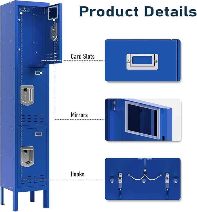 Metal Storage Locker with Lock & Card Slot Locker - Secure Lockable Door - Steel Locker for School, Office, Gym, Home - 66.15" H x 11.8" W x 11.8" D（3 Door, Blue）