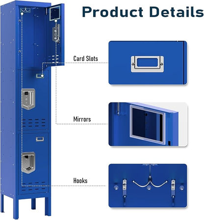 Metal Storage Locker with Lock & Card Slot Locker - Secure Lockable Door - Steel Locker for School, Office, Gym, Home - 66.15" H x 11.8" W x 11.8" D（3 Door, Blue）
