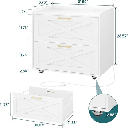 Lateral File Cabinet 2 Drawers Mobile File Cabinet with Charging Station for Letter/Legal/A4 Size Hanging Files, Large Wood File Storage Cabinets Printer Stand for Home Office, Simple White