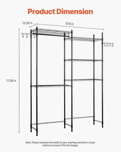 VEVOR Over The Washer and Dryer Storage Shelf, 5 Tier Laundry Room Drying Rack with Hanger Rod and Hooks, Adjustable Over Washer and Dryer Shelves, Laundry Room Shelf Storage Space Saver, Black