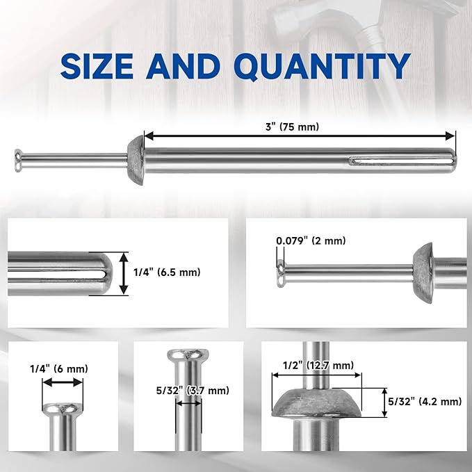 meite Hammer Drive Anchors 1/4" x 3" for Warehouse Racks & Heavy Pipe Supports, Industrial-Grade Concrete & Masonry Fasteners, Zinc-Plated Steel, Secure Hold (100 Counts)