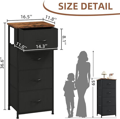 Somdot Dresser for Bedroom with 4 Drawers, Storage Organizer Chest of Drawers with Removable Fabric Bins for Closet Bedside Living Room Laundry Entryway Hallway, Black Rustic Brown