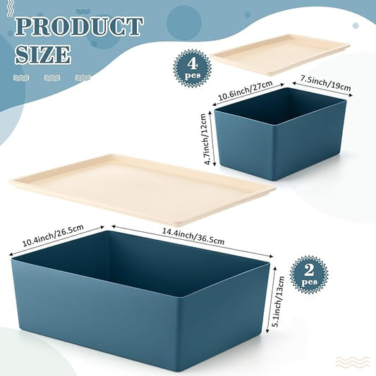 Menkxi 6 Pcs Large and Small Plastic Storage Bins with Lids 14.4 x 10.4 x 5.1 Inch Stackable Storage Containers Decorative Cubby Organizer for Clothes Shelves Garage Closet Office (Blue)