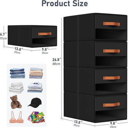 DIMJ Closet Organizers and Storage - Fabric Bins with Drawers for Closet Foldable Clothes Organizers with Clear Window, Stackable Storage Drawers Units for Bedroom, Living Room, Medium 4-Pack, Black
