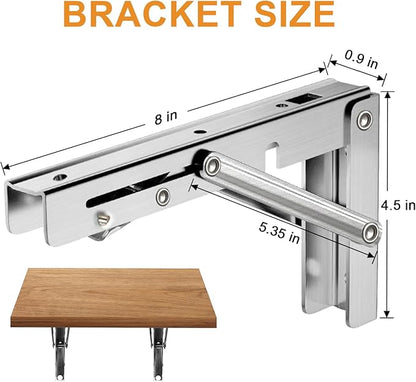 Storystore Folding Shelf Brackets - 8 Inch Heavy Duty Stainless Steel Collapsible Shelf Bracket for Bench Table, Space Saving DIY Bracket, Max Load: 550lb