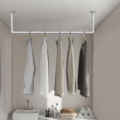 Industrial Iron Pipe Clothes Hanging Bar DIY Wall-Mounted Garment Rack Heavy Duty Clothing Rack for Bedroom, Laundry Room, Closet Storage (White 40 inch)