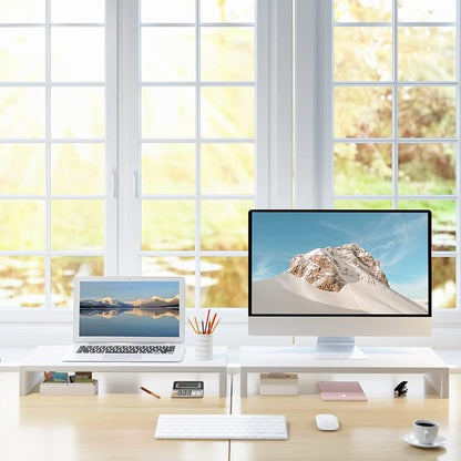 TEAMIX 2 Pack White Monitor Stand Riser - 20 inch, Wooden Desktop Stand for PC/TV/Laptop/Printer, Monitor Riser with Storage, Computer Stand with Keyboard Organizer