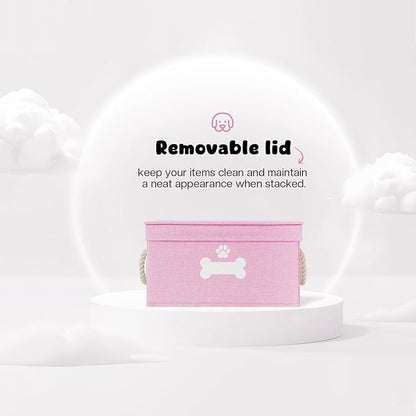 Dog Toy Basket with Lid, Dog Basket for Toys, Dogs Toy Box with Cotton Rope Handles, Collapsible Storage Bins for Pet Toys, Dogs Storage Organizer, Pink