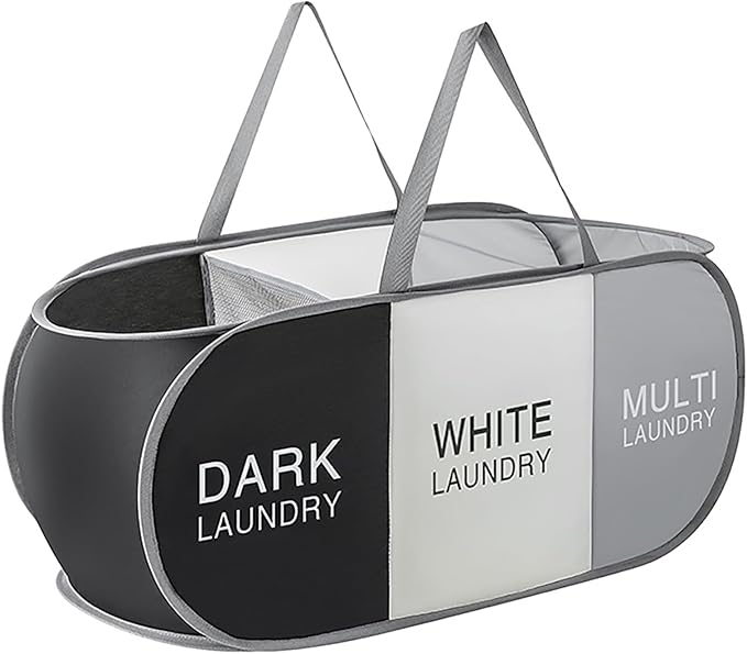 Pop Up Laundry Hamper 3 Section, Collapsible Laundry Basket with Carry Handles for Home, Laundry Room, Bedroom, Dorm, RV Travel (Black & Grey & Beige - 3 Compartments)
