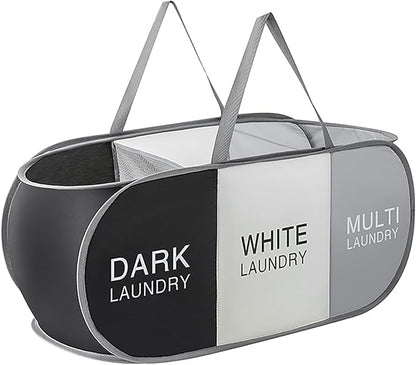 Pop Up Laundry Hamper 3 Section, Collapsible Laundry Basket with Carry Handles for Home, Laundry Room, Bedroom, Dorm, RV Travel (Black & Grey & Beige - 3 Compartments)