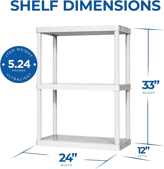 Gracious Living 3 Shelf Fixed Height Light Duty Storage Unit 12 x 24 x 33" Organizer System for Home, Garage, Basement, & Laundry, White (3 Pack)