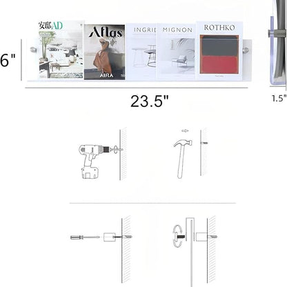 4-Pack 24" Acrylic Magazine Holder Vinyl Records Holder, Display Floating Bookshelves Wall Mounted, Hanging Nursery Book Shelves for Waiting Room, Living Room, Office