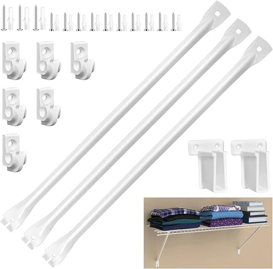12 Inch Heavy Duty Shelf Brackets, Wire Shelf Brackets Set Include 3 Support Brackets, 2 Wire Shelf End Brackets, 6 Wall Clips, with Screws, Wire Shelving Accessories for Garage, RV, Kitchen, Closet