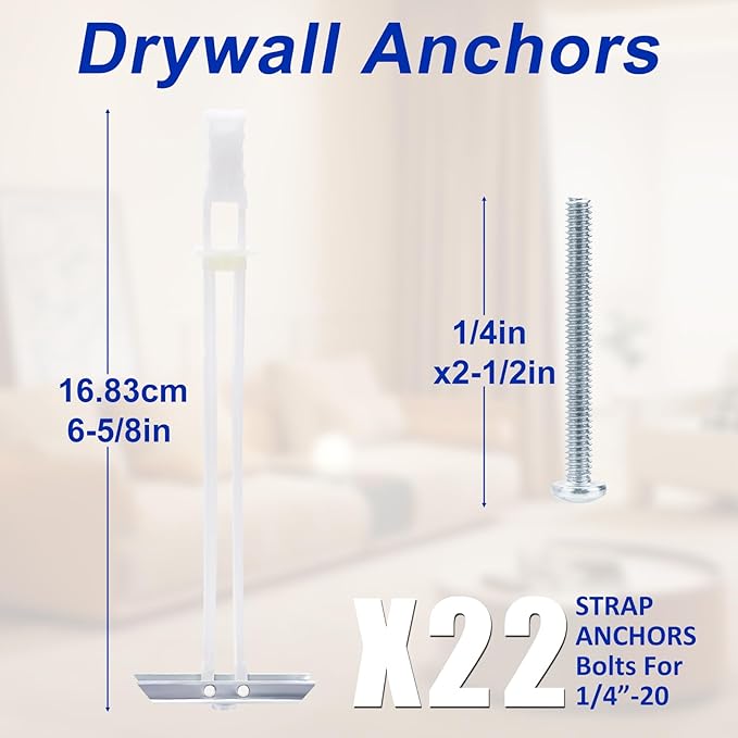 Drywall Anchor with Included Bolts for 1/4-20 Fastener Size, Wall Anchors Drywall Heavy Duty for TV Mounting, Hollow-Wall Anchors Screws Kit Holds Up to 270 Pounds Each in 1/2-in Drywall-22 Pack