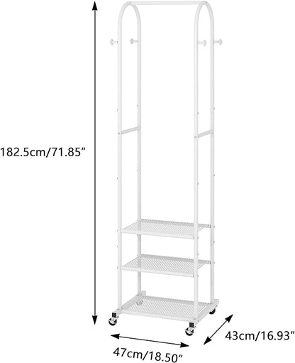 Heavy Duty Clothing Rack with Wheels,Modern Garment Rack with 3 Metal Shelves, 71.8Inches Display Rack for Hanging Clothes, Hanging Rod for Small Spaces,White